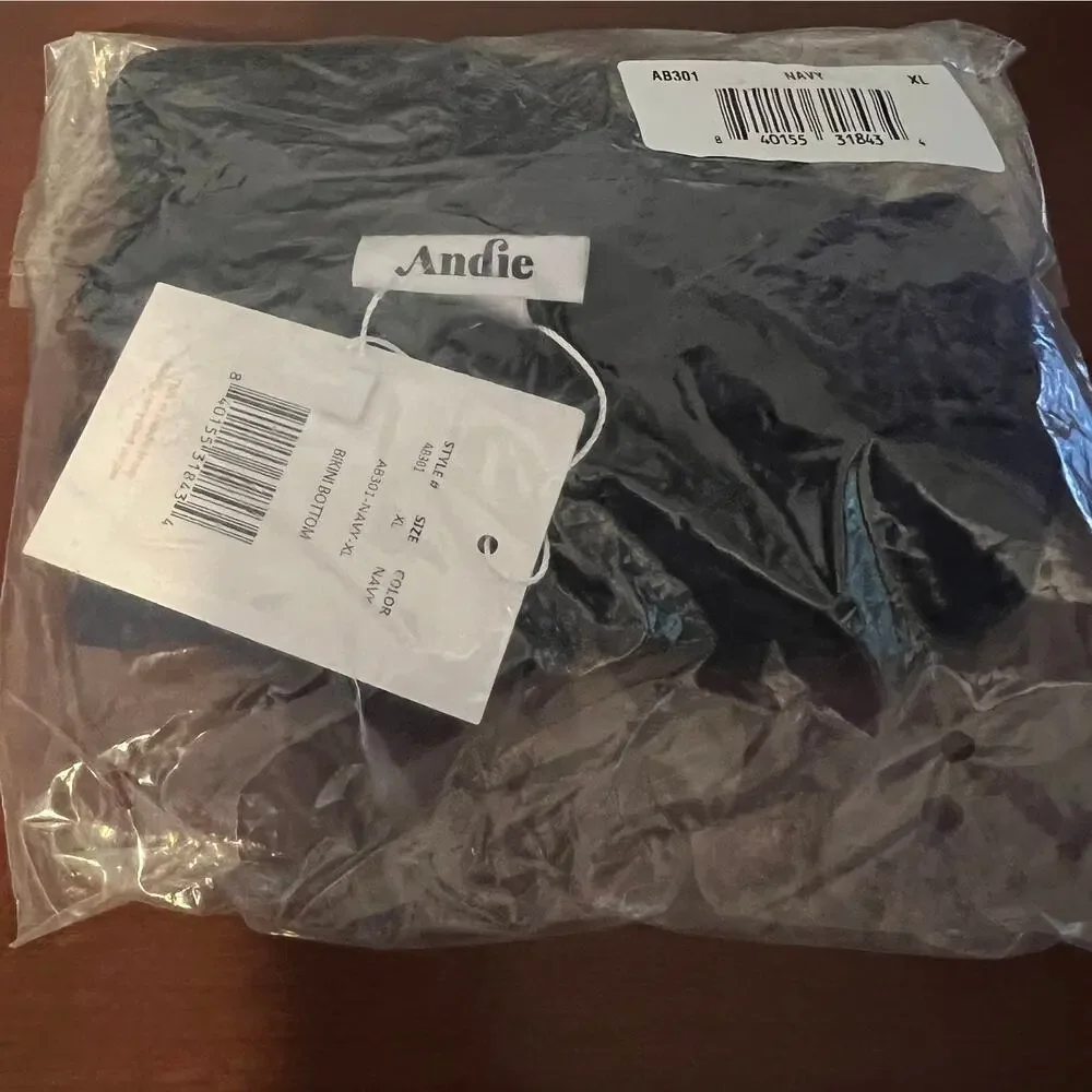 NWT Andie Women's The Bikini Bottom Eco-Nylon Flat Navy Blue Size XL